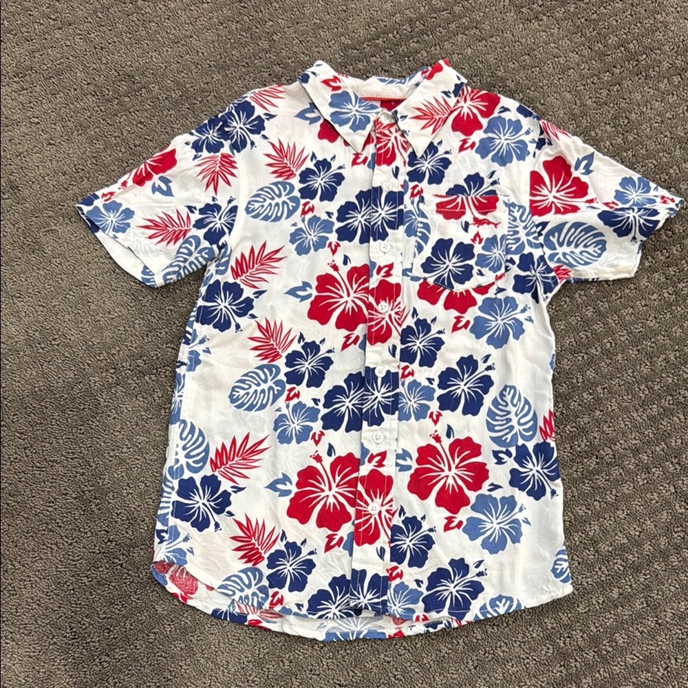 Tommy Bahama Red and Blue Button Down Shirt with Tropical Floral Design